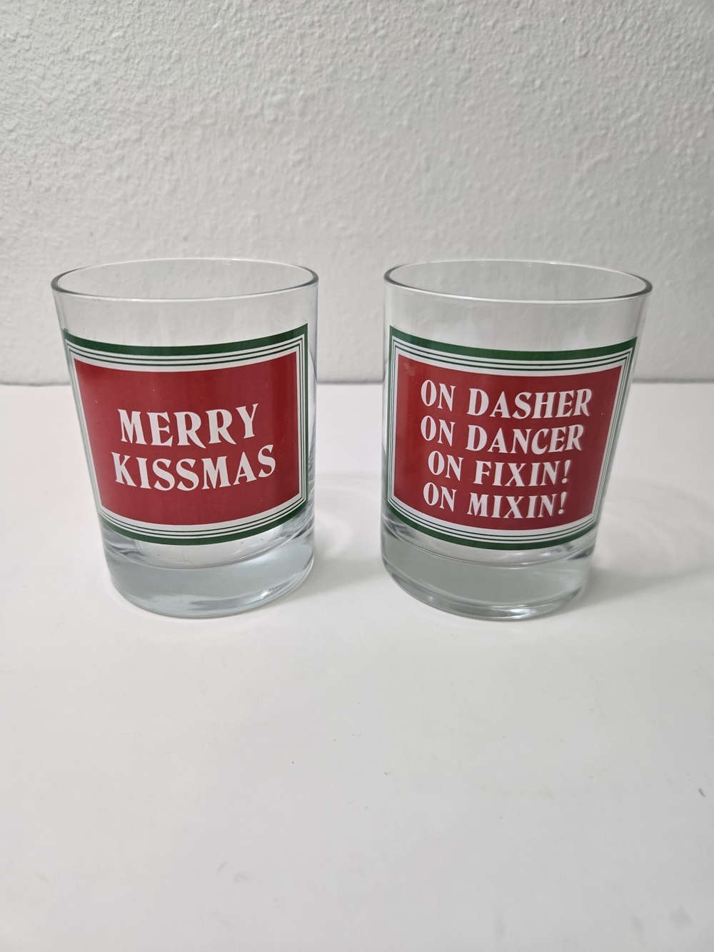 Holiday Glass Tumblers with Red & Green Plaque Design - Set of 2